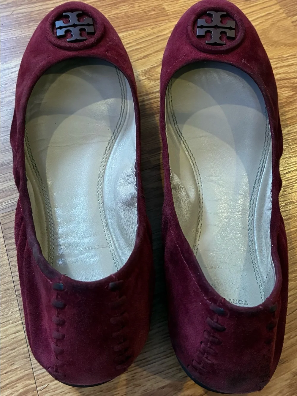 Tory Burch Wine Suede Logo Ballet Flats
